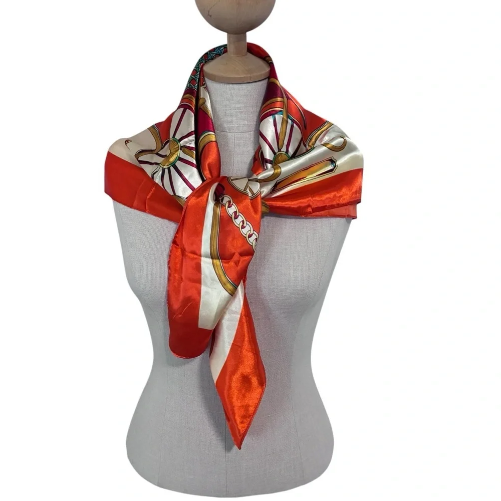 MOSI Orange, White & Gold Carriage-Print Silk-Feel Square Scarf